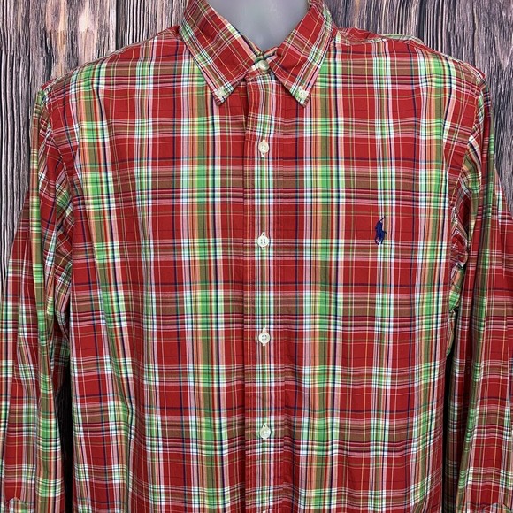 Ralph Lauren Men Red Long Sleeve Plaid Button Classic Pony Logo Shirt Size Large - Picture 3 of 8